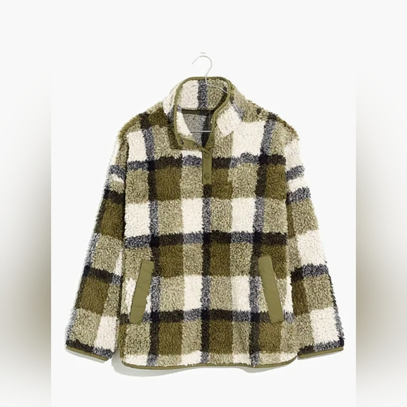 Madewell (Re)sourced Sherpa Popover Tunic Jacket in Plaid Olive Surplus Size S - Picture 11 of 16